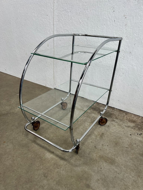 Image 1 of Vintage Chrome Art Deco Trolley with Glass Shelves, Netherlands 1930s