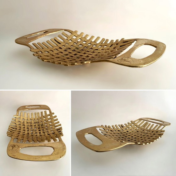 David Marshall Brutalist Brass Fruit Basket - Vintage Spanish Design Cast Brass Bowl - Modernist Woven Brass (photo 4 of 10)