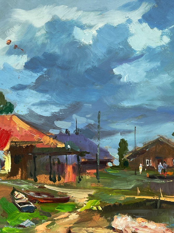Image 1 of Peinture à l'huile originale : Paysage rural, maisons de village près de la rivière