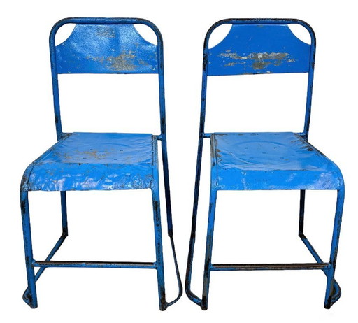 Sedie industriali in ferro blu, set di 2, anni '50