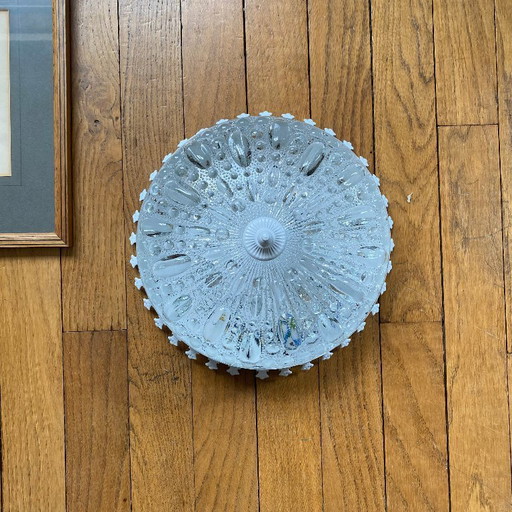 Lampada da soffitto antica con vetro trasparente e metallo bianco