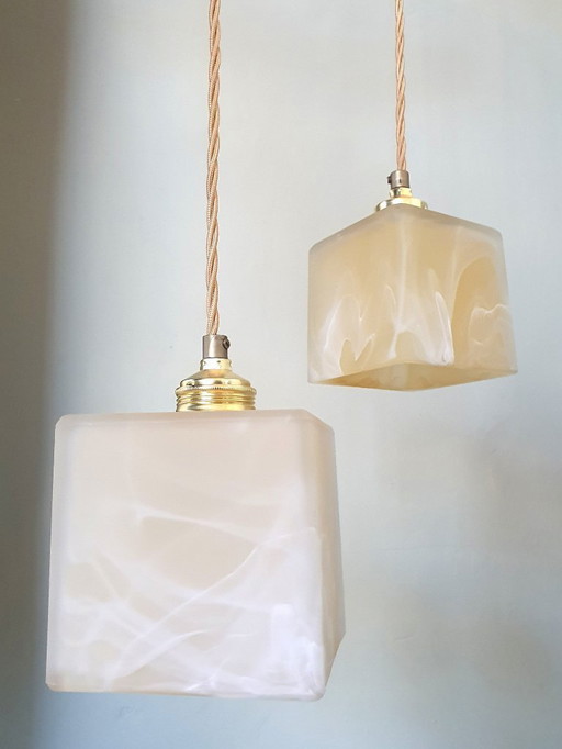 2 Mid-Century Square Glass Cloudy Textured Lamps