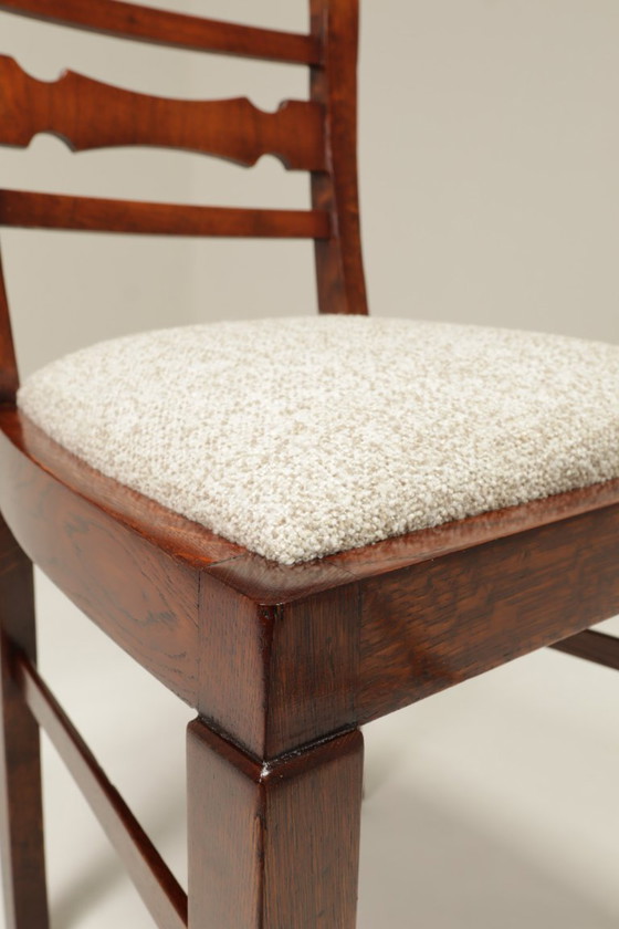 Image 1 of Art deco antieke eetkamerstoel eiken hout sneeuwvlokken stof 1950