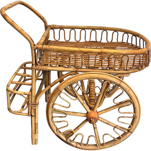 Carrello vintage in rattan di Audoux Minet, Francia anni '70
