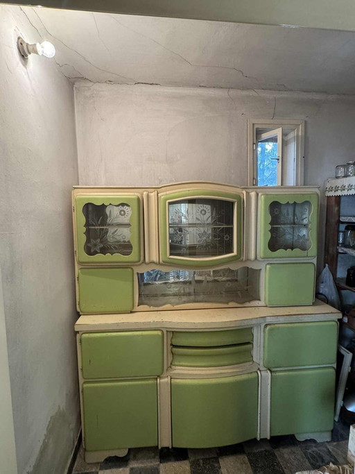 Meuble de cuisine hongrois Art Déco vert et crème avec portes vitrées, années 1940