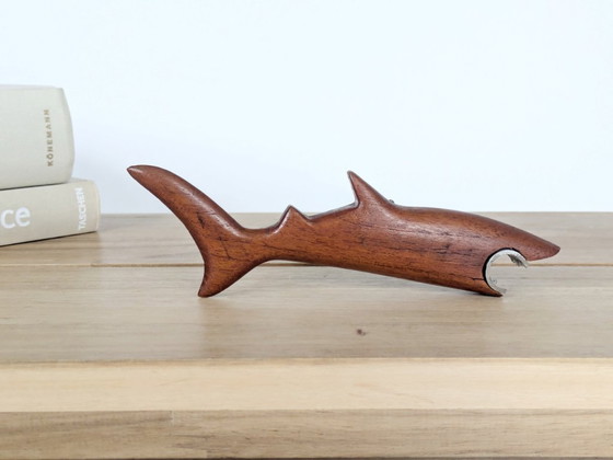 Image 1 of Midcentury Danish Teak Shark Bottle Opener, 1960s Sculptural Barware, Home Bar Gift