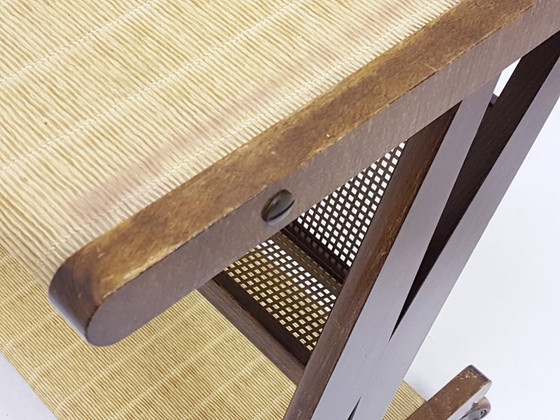 Image 1 of JULLIAN OAK METAL SIDE TABLE/TV CART ON WHEELS, 1960s VINTAGE