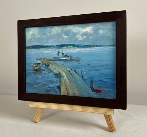 Original Oil Painting Summer River Landscape Fishing on the ferry
