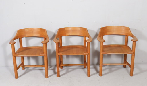 Hirtshals Savværk, set of 3 chairs / dining chairs by Rainer Daumiller, pine, Denmark, 1970s