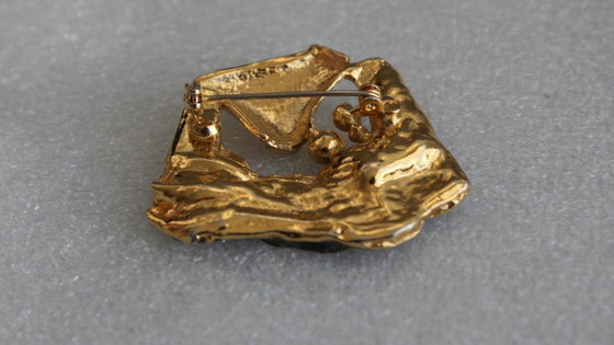 Image 1 of Große Handgefertigte Brosche Aus Vergoldetem Metall mit Abalone Einlagen und 3 Kleinen Blauen Geschliffenen Steinen Unikat