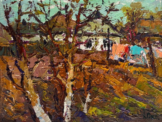 Image 1 of Original Oil Painting Spring Village Landscape Village with the approach of spring