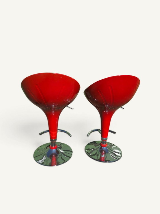 Pair of adjustable red bar stools in resin and chrome – Barstools, Metal, Plastic (photo 5 of 5)