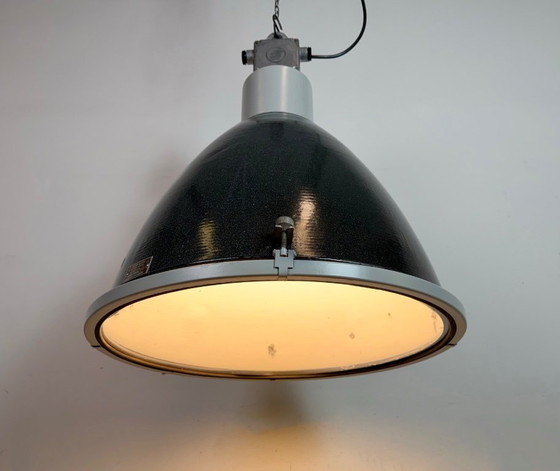 Image 1 of Large Industrial Black Enamel Factory Lamp with Glass Cover, 1960s