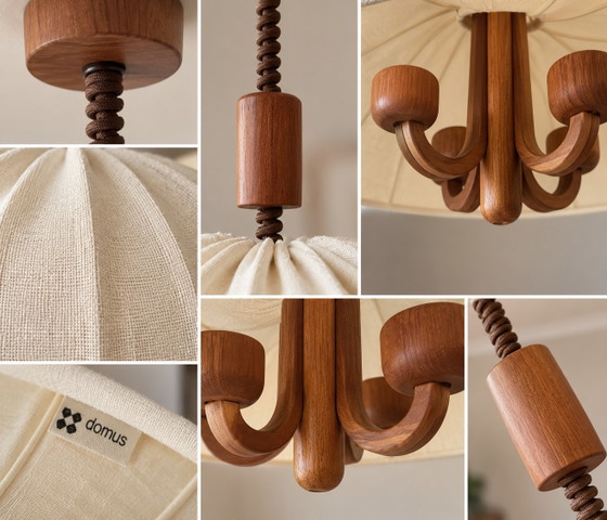 DOMUS 1970s Teak 5-Arm Pendant Lamp – Original Fabric Shade – Mid Century, Very Good Condition (photo 3 of 12)