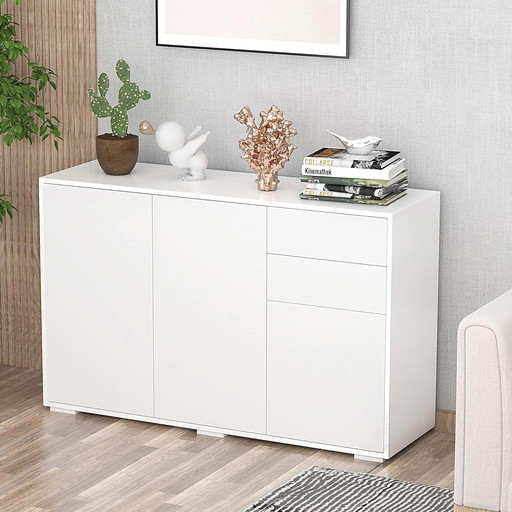 HOMCOM Buffet Meuble de Rangement 2 tiroirs coulissants 3 Portes étagère réglable Panneaux de Particules 117 x 36 x 74 cm Blanc