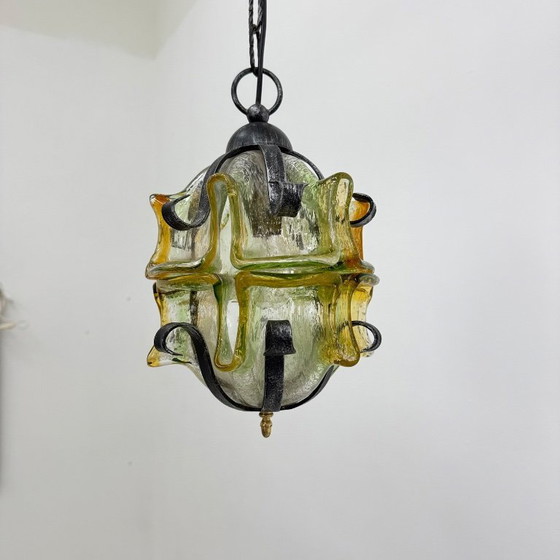 Image 1 of Lampada a sospensione brutalista in vetro e ferro, anni '70