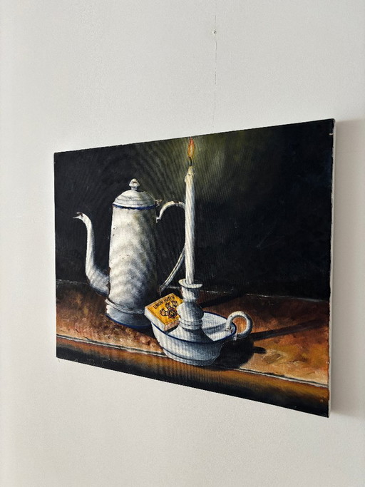Vintage Still Life Painting – Coffee Pot & Candle – Oil on Canvas – schilderijen tekeningen (photo 2 of 8)