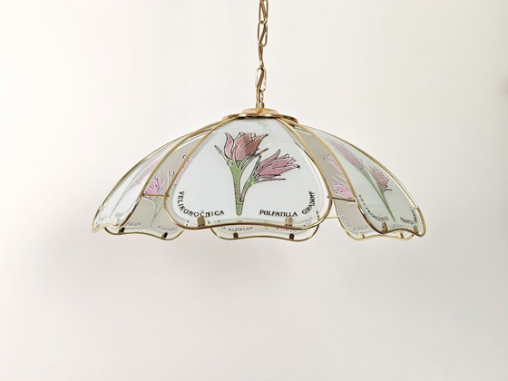 Image 1 of Vintage hanglamp met bloemblaadjes / Retro botanische messing plafondkroonluchter / Glazen tulp hanglamp uit de jaren 80