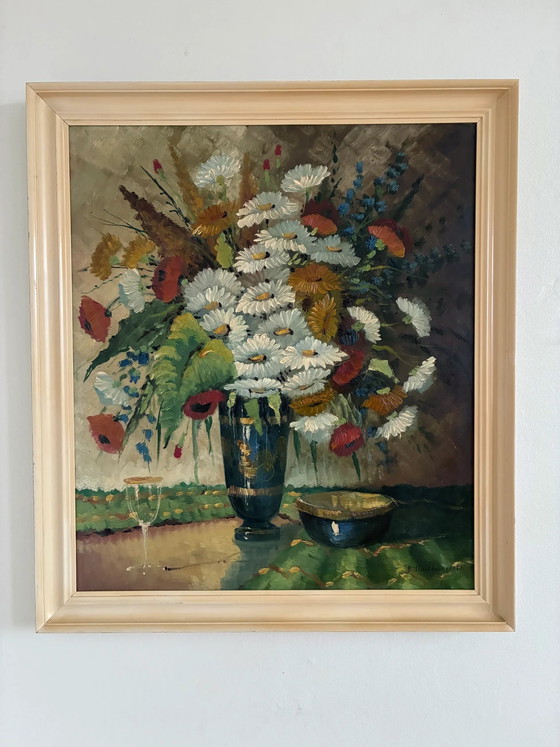 Vintage original floral oil painting with wildflowers in blue vase – Paintings & Drawings, Wood, Canvas (photo 17 of 17)