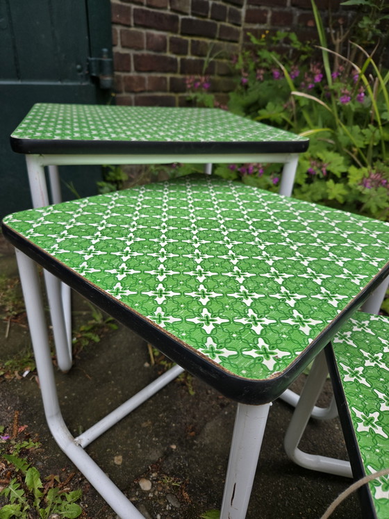 Image 1 of set of 3 vintage side tables green with sixties seventies pattern retro