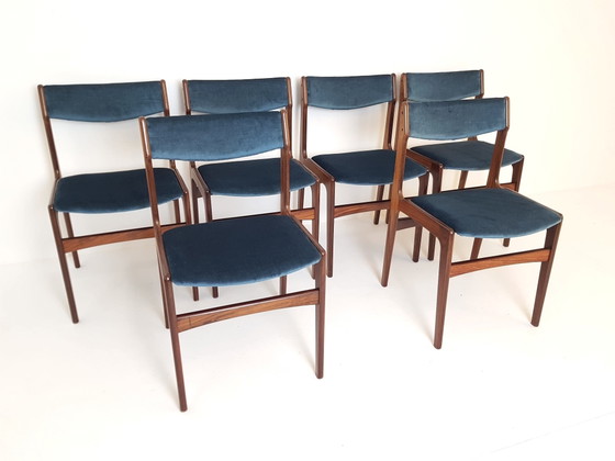 Ensemble de 6 chaises de salle à manger Erik Buch en palissandre, bleues, récemment retapissées – Wood (photo 6 of 15)