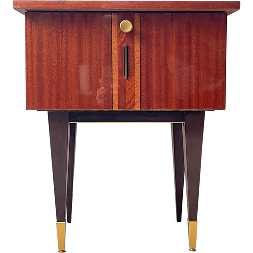 Mesilla de noche vintage de madera y latón, 1950