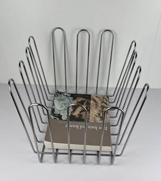 Image 1 of Large Vintage XL Wire Steel Chrome Newspaper Container / Reading Rack