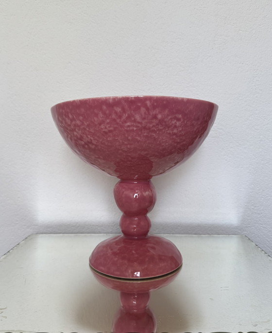 Image 1 of Grande coupe sur pied faïence Digoin rose