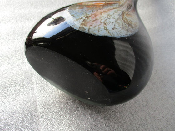 Image 1 of Vintage Florence opaline vaas, glas, hoogte 53 cm, kleuren parelmoer, zwart, swirl.