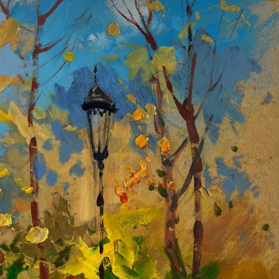 Image 1 of Original Oil Painting City Street Landscape Autumn leaves are flying