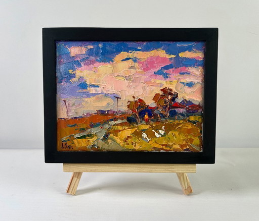 Original Oil Painting Sunset Field Landscape Evening pink clouds