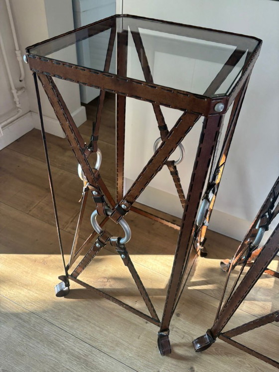 Image 1 of Unique set of 3 console tables – France, 1970s – in the style of Jacques Adnet – iron (imitation leather) and glass