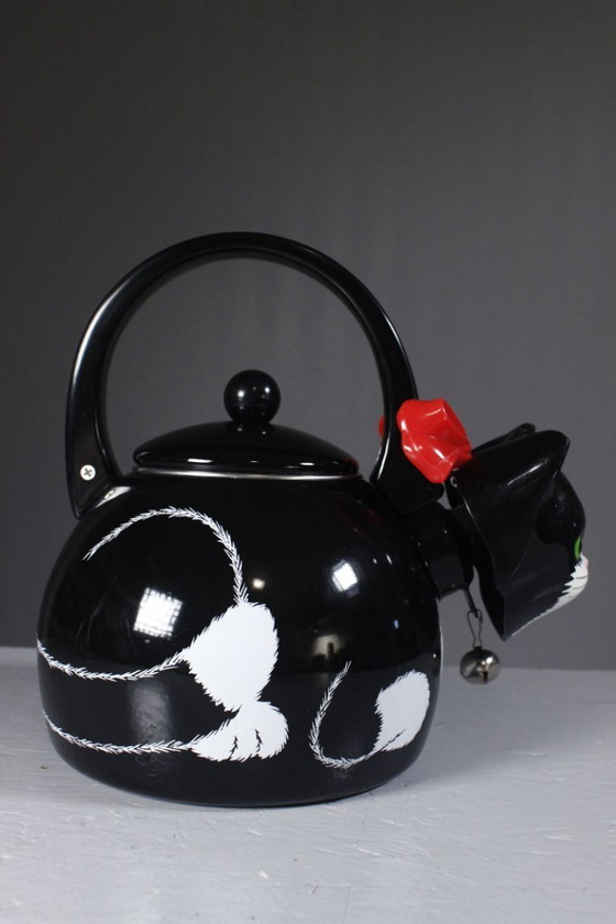 Image 1 of Vintage teapot from Via Ancona NYC, 1997, shaped like a black cat with a bell