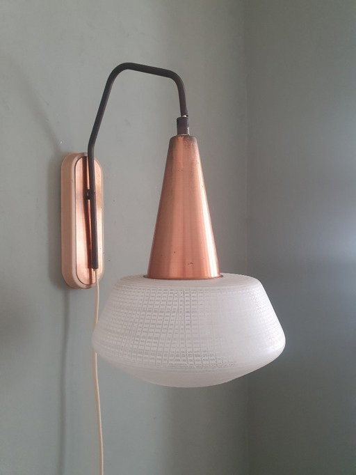 Vintage wall lamp copper and glass with white motif