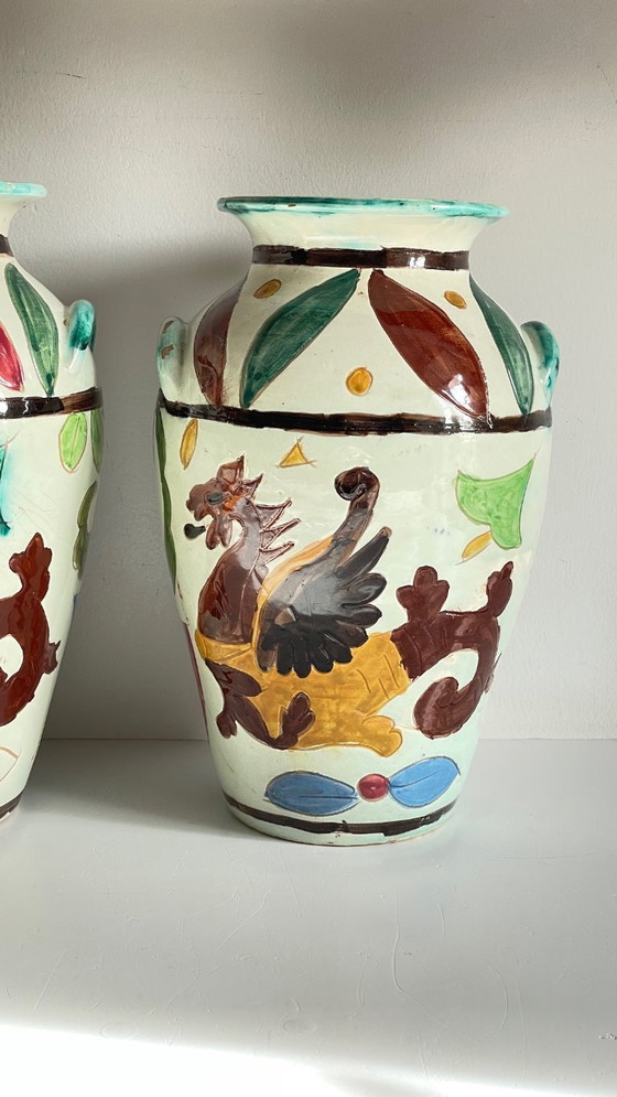 Image 1 of Italian Majolica Vases with Dragon Motif
