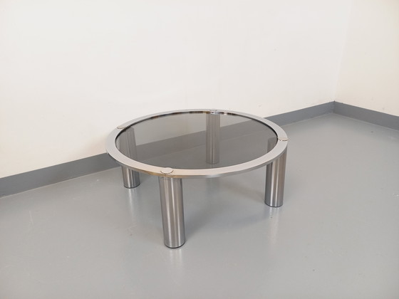 Image 1 of Table Basse Ronde Vintage en Verre Fumé et Métal Chromé des Années 70