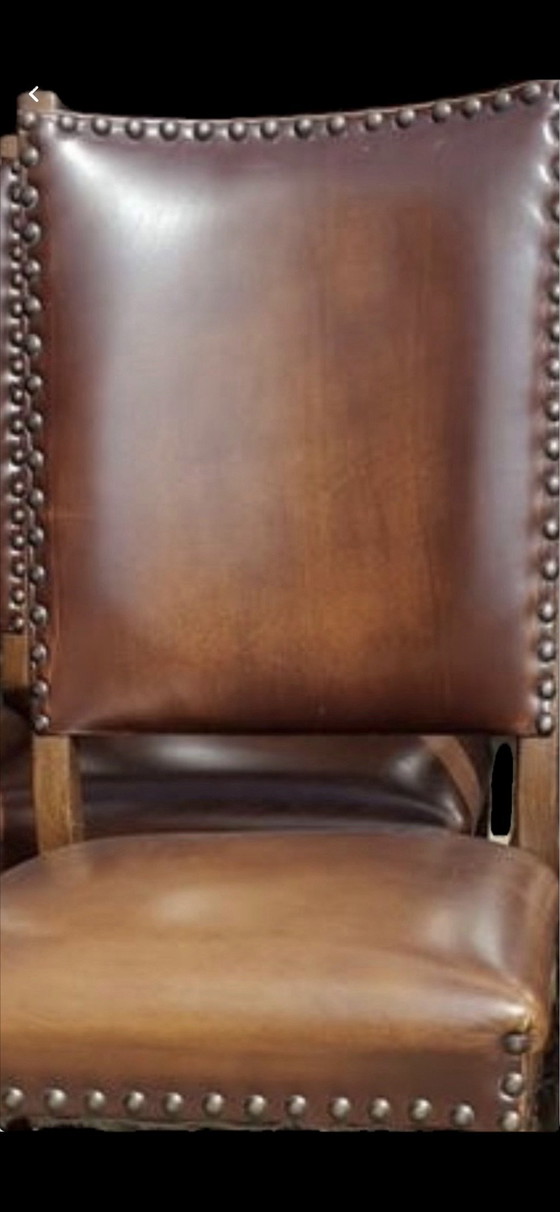 6 chaises de salle à manger classiques en chêne et cuir, Métal, Marron (photo 4 sur 6)