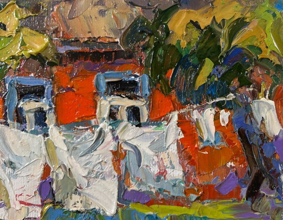 Image 1 of Original Oil Painting Summer Village Landscape Clothes are drying