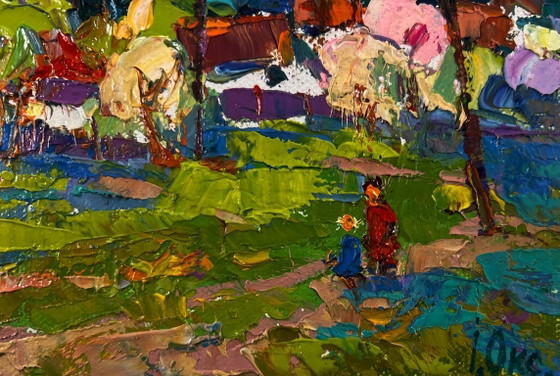 Image 1 of Original Oil Painting Summer Village Landscape Quiet fields under the open sky