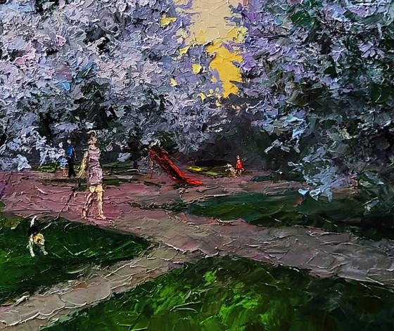 Original Oil Painting Spring City Motif Evening Courtyard in the City – Paintings & Drawings, Canvas (photo 4 of 8)