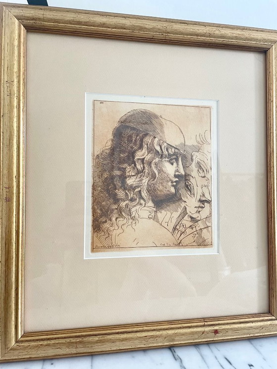 Image 1 of Grabado antiguo enmarcado, según Leonardo da Vinci, perfil masculino renacentista, marco de madera dorado, 40 x 36 cm, decoració