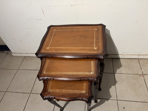 Vintage Miniset Met Leren Inlegwerk – bijzettafels, Wood, Leather