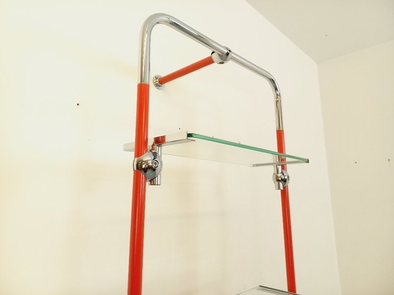 Image 1 of Modular Bauhaus-style vintage bookcase in red metal, chrome and glass from the 1970s