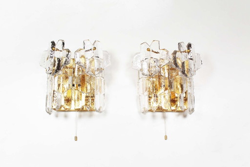 2X Brass And Heavy Ice Glass Sconces By Kalmar, Austria 1970’S