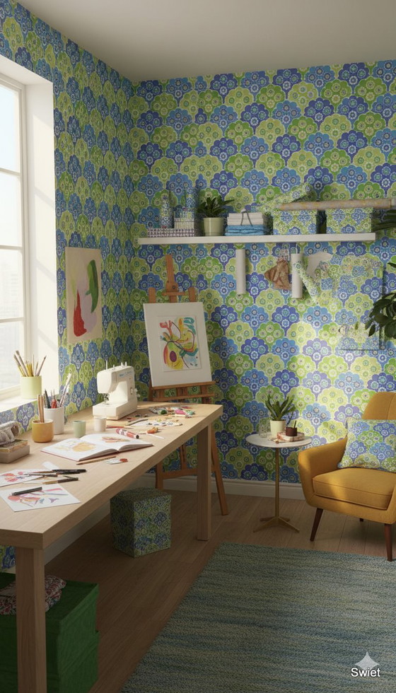 14306 Blauw Retro Vintage Style Groen Bloemenbehang – Wanddecoratie, Paper (photo 2 of 7)