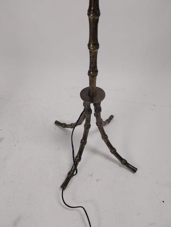 Image 1 of 1 x lot de 2 lampadaires en métal imitation bambou avec abat-jour cocon ELGO. Années 1970