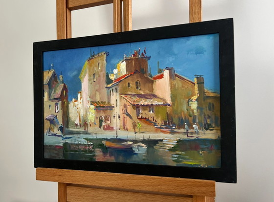 Image 1 of Origineel olieverfschilderij: Stadslandschap aan de rivier, schaduwen van het stadsleven