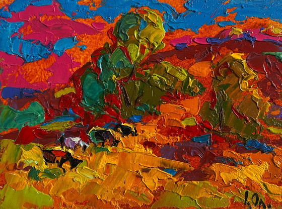Image 1 of Original Oil Painting Fall Field Landscape Colors of Autumn