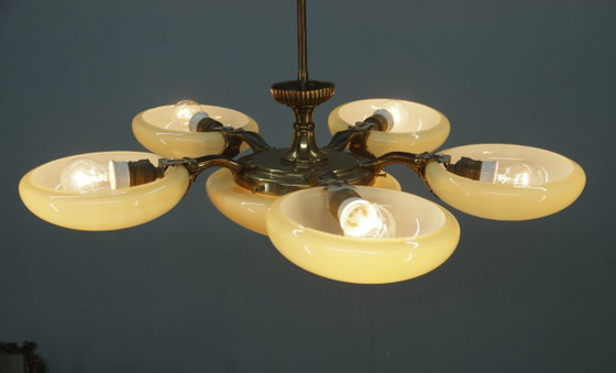 Image 1 of Lámpara de araña Art Nouveau de seis luces de latón, de Jenčík, Checoslovaquia, década de 1920, con etiqueta.