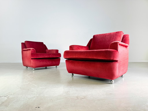 Set van 2 Mid Century Vintage Fauteuils Rood Fluweel Retro